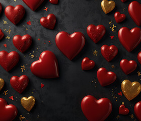 A luxurious Valentine’s backdrop featuring deep red hearts with a glossy 3D appearance, scattered on a dark, velvet-like background, with golden glitter accents