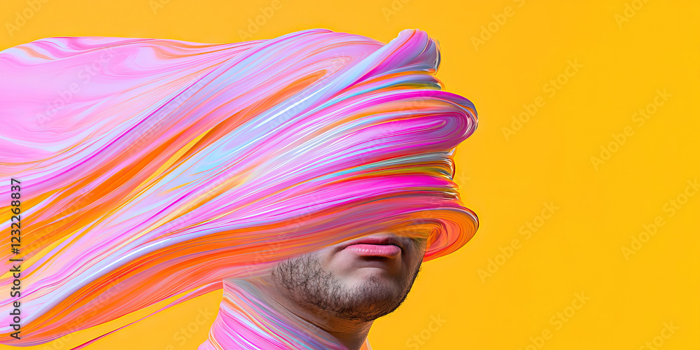 Poster man's face partially obscured by abstract swirls of paint