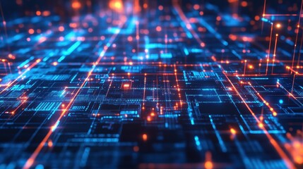 Fototapeta premium A global commerce network visualized through intricate digital pathways, glowing circuits, and blockchain-inspired holographic elements.