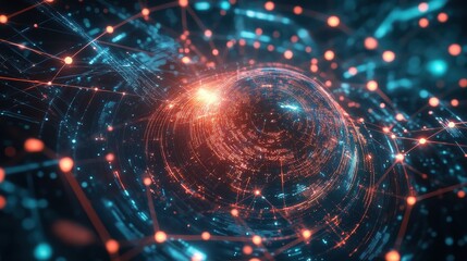 Obraz premium A global commerce network visualized through intricate digital pathways, glowing circuits, and blockchain-inspired holographic elements.