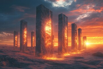 Mysterious monoliths standing in a barren desert landscape, illuminated by a glowing sunset.