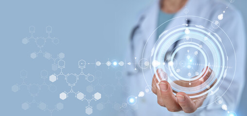 Doctor touches hologram on modern interface. Concept of health monitoring, health insurance, training with modern technologies.