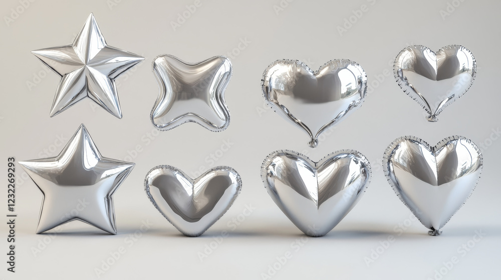 Aufkleber chrome y2k abstract shapes. 3d realistic vector illustration set of silver inflatable forms of heart