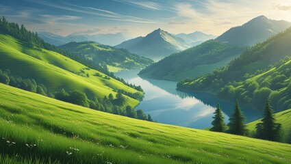 View of the Lake from the lush Green Hillside. Ideal for desktop wallpaper or background