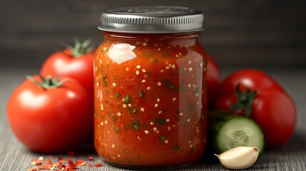 Fresh homemade salsa in jar with tomatoes, cucumber, and garlic on wooden table