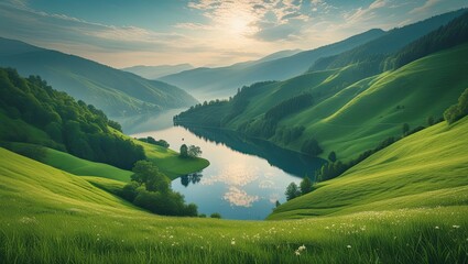 View of the Lake from the lush Green Hillside. Ideal for desktop wallpaper or background