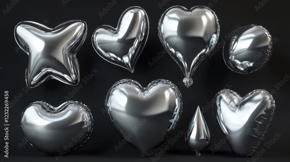 Poster chrome y2k abstract shapes. 3d realistic vector illustration set of silver inflatable forms of heart