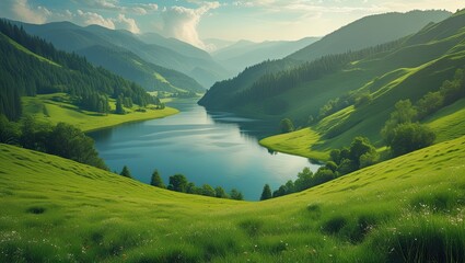 View of the Lake from the lush Green Hillside. Ideal for desktop wallpaper or background