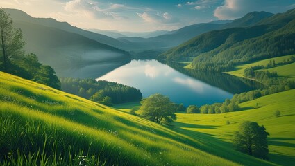 View of the Lake from the lush Green Hillside. Ideal for desktop wallpaper or background