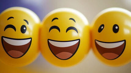 Trzy uśmiechnięte balony z rysunkowymi twarzami