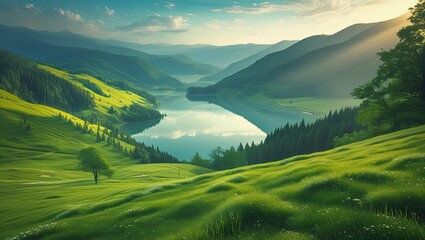 View of the Lake from the lush Green Hillside. Ideal for desktop wallpaper or background