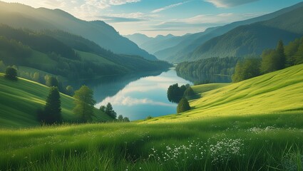 View of the Lake from the lush Green Hillside. Ideal for desktop wallpaper or background