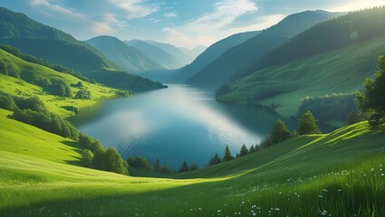 View of the Lake from the lush Green Hillside. Ideal for desktop wallpaper or background