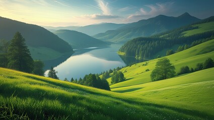 View of the Lake from the lush Green Hillside. Ideal for desktop wallpaper or background