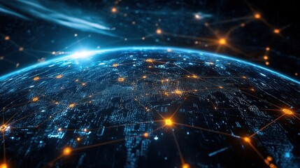 Obraz premium A global commerce network visualized through intricate digital pathways, glowing circuits, and blockchain-inspired holographic elements.