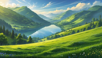 View of the Lake from the lush Green Hillside. Ideal for desktop wallpaper or background