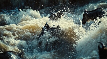 Fototapeta premium Wildebeests crossing Mara River Ultra HD turbulent