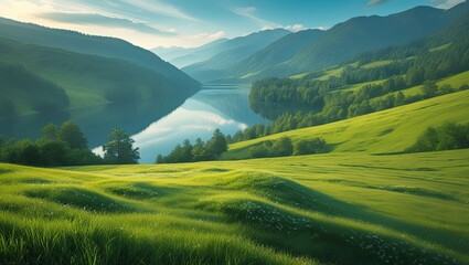 View of the Lake from the lush Green Hillside. Ideal for desktop wallpaper or background