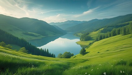 View of the Lake from the lush Green Hillside. Ideal for desktop wallpaper or background