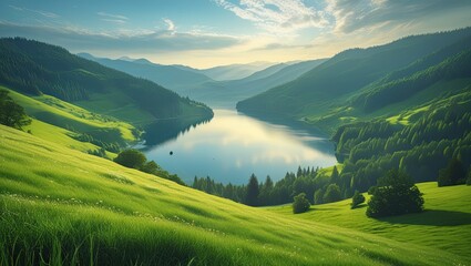 View of the Lake from the lush Green Hillside. Ideal for desktop wallpaper or background
