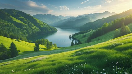 View of the Lake from the lush Green Hillside. Ideal for desktop wallpaper or background