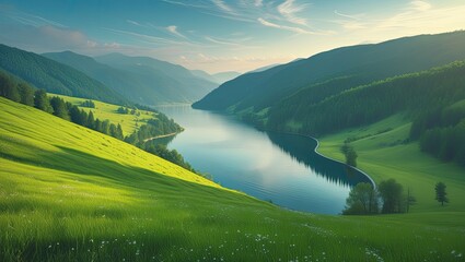 View of the Lake from the lush Green Hillside. Ideal for desktop wallpaper or background
