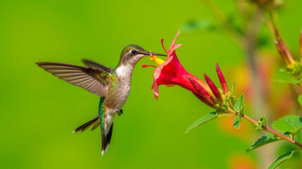 Fototapeta premium Hummingbird feeding on vibrant red trumpet flower in lush green garden, colorful scene with small bird hovering mid-air, wings spread wide, nature wildlife photography in summer