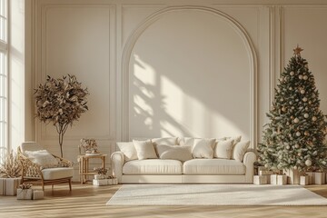 Scandinavian-style living room with a sofa, armchair, and Christmas tree decorated in white and beige, minimalist entrance wall, and high-arched window mock-up in Theodore Royal style.
