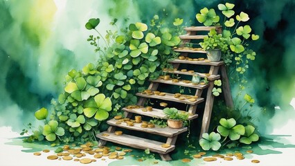 Watercolor wooden stairs with gold coins and lush green clovers

