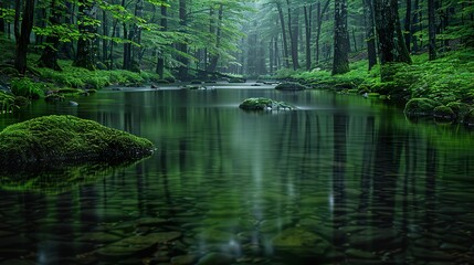 A quiet forest with a river cutting through in high definition  HD 8K wallpaper Photographic Image
