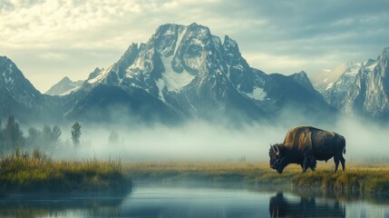 Bison in front of mountain range Ultra HD