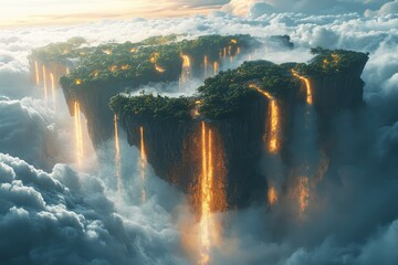 Mystical floating islands with glowing waterfalls cascading into the void, surrounded by cosmic clouds.