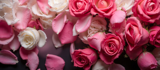 Pink and white roses with petals background, close-up view of beautiful blooming flowers, romantic floral backdrop, fresh delicate blossoms, soft light, love symbol banner