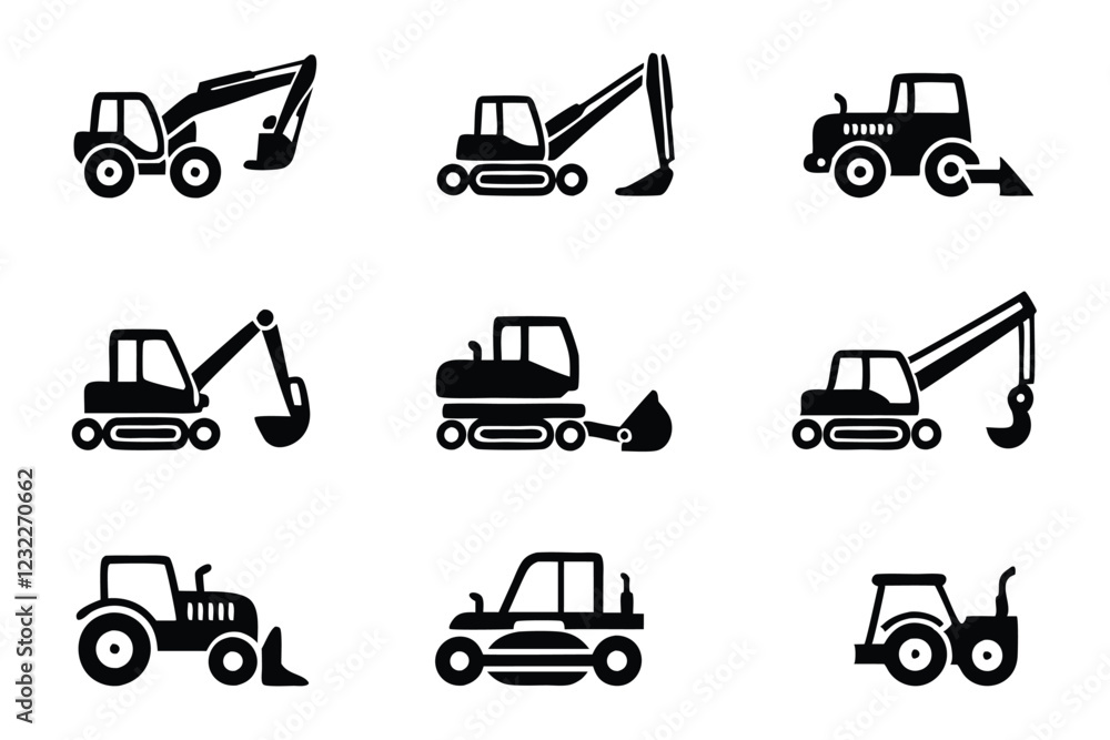 Poster create a set of editable vector icons depicting heavy machinery used in various industrial settings.