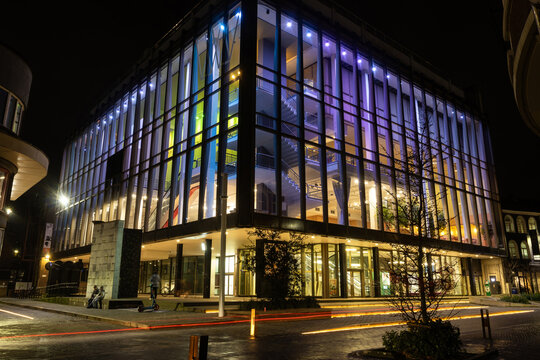 AALST, BELGIUM, 24 JANUARY 2025: Exterior view of the 'Werf' cultural center at night. It is the home to music, dance and theatre in Aalst.