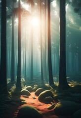 Obraz premium Sunlit Path Through Misty Forest With Mossy Rocks