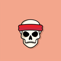 Cartoon skull character in red 
HEAD STRAP. Cool skull with expression angry. Sticker collection can be use as logo, symbol, icon.