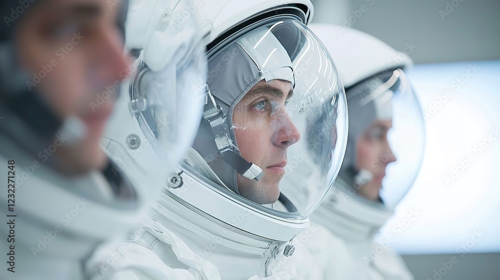 Poster scientists conducting groundbreaking experiments in space laboratory research environment close-up v