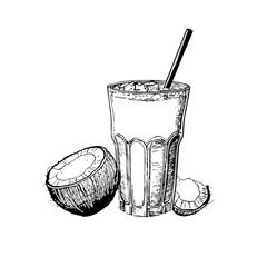 Coconut Cocktail Line icon, Sketch Design. Logo, Sign, Symbol. Fruits, Juice, Tropical.