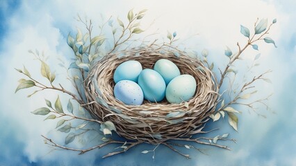 Obraz premium Watercolor bird nest with blue eggs and branches, spring theme