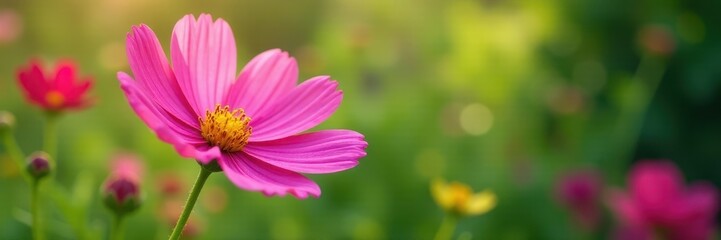 Delicate cosmos blossoms, vibrant petals, lush green garden , growth, yellow, bloom