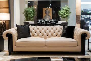 An up-to-date living space showcasing a fashionable and cozy sofa, set against a backdrop of sleek modern decor.