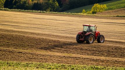 Czerwony traktor na dużym polu rolniczym podczas zachodu słońca