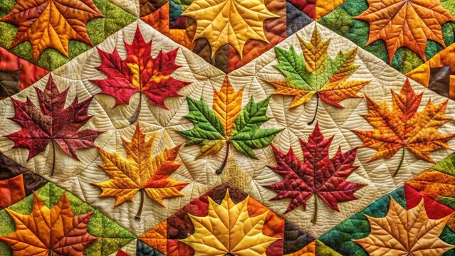 Vibrant autumn leaves quilt with intricate stitching, patchwork, fall patterns