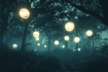Mystical glowing orbs floating in a dark forest, casting ethereal light and creating a serene, otherworldly atmosphere.