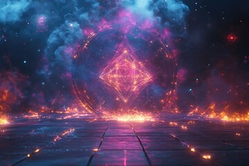 Mystical glowing symbols surrounding a presentation screen, with a dark ambient background, ethereal shapes, and vibrant hues creating a mysterious atmosphere.