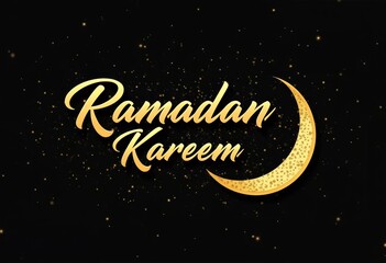 Ramadan is celebrated banner with a golden colored handwritten inscription Ramadan Kareem, a gold crescent moon, and black Arabic pattern. Muslim holy month vector illustration