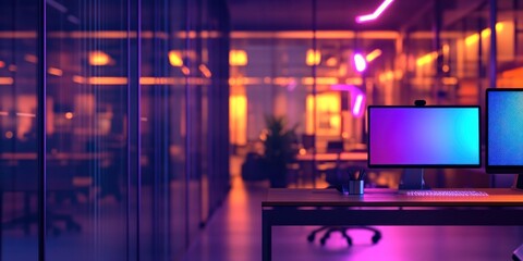 Fototapeta premium Night Office: Modern Workspace with Dual Monitors