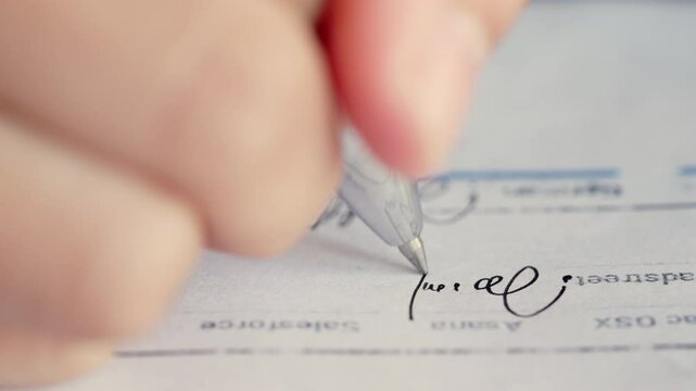 A person is writing with a pen on a piece of paper. The writing appears to be cursive and the person's hand is in the process of writing. Concept of personal expression and creativity