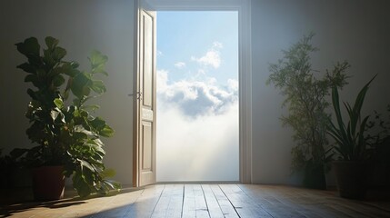 Open door, indoor plants, cloudy sky, room, opportunity